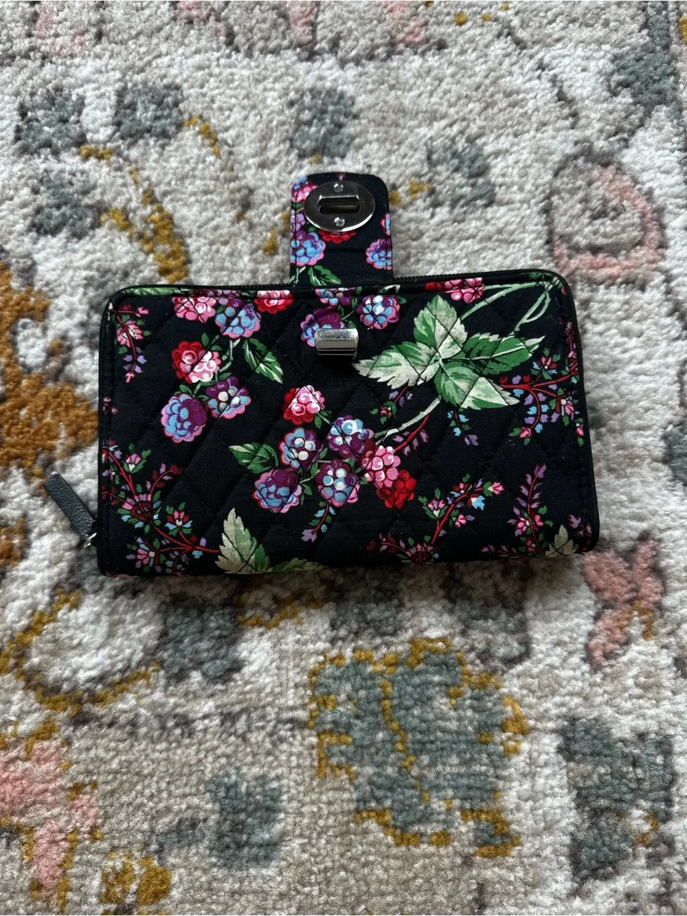 Vera Bradley Winter Berry Floral Turn Lock Wallet Retired Black